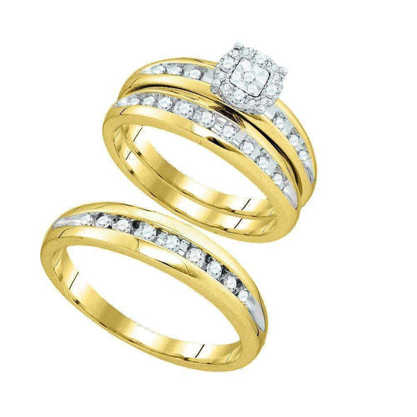 10k Gold Round Diamond Cluster His & Hers Matching Halo Trio Wedding Ring Set-Gold & Diamond Trio Sets-5-JadeMoghul Inc.