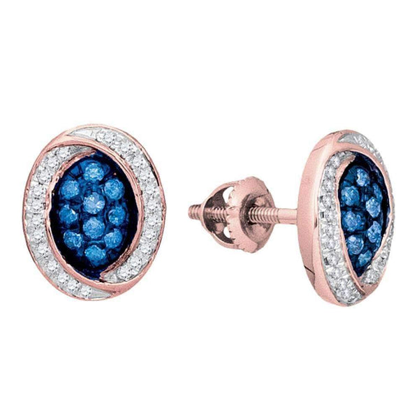 10k Rose Gold Women's Blue Diamond Oval Cluster Earrings-Gold & Diamond Earrings-JadeMoghul Inc.