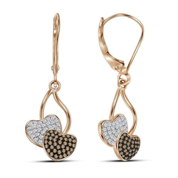 10k Rose Gold Women's Red Diamond Heart Dangle Earrings-Gold & Diamond Earrings-JadeMoghul Inc.