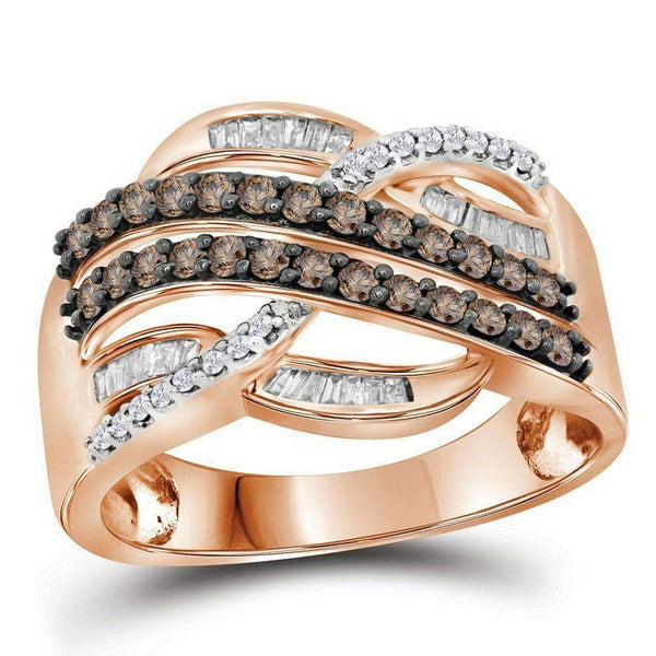 10k Rose Gold Women's Round Brown Diamond Crossover Ring - FREE Shipping (US/CA)-Gold & Diamond Bands-JadeMoghul Inc.