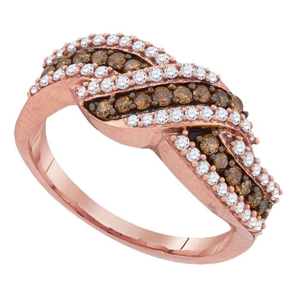 10k Rose Gold Women's Round Cognac-brown Diamond Crossover Ring - FREE Shipping (US/CA)-Gold & Diamond Bands-5-JadeMoghul Inc.