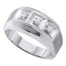 10k White Gold Mens 3-stone Diamond Brushed-Satin Masculine Wedding Band 1/10 Cttw-Gold & Diamond Bands-JadeMoghul Inc.