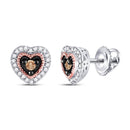 10kt Two-tone Gold Women's Brown Color Enhanced Diamond Heart Earrings 1/5 Cttw-Gold & Diamond Earrings-JadeMoghul Inc.