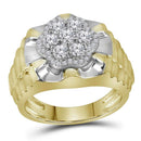 10kt Two-tone Yellow White Gold Men's Round Diamond Flower Cluster Ribbed Ring 1.00 Cttw - FREE Shipping (US/CAN)-Gold & Diamond Men Rings-8-JadeMoghul Inc.