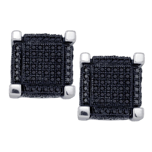 10kt White Gold Mens Round Black Color Enhanced Diamond 3D Square Cube Cluster Earrings 1-1-8 Cttw-Gold & Diamond Men Earrings-JadeMoghul Inc.