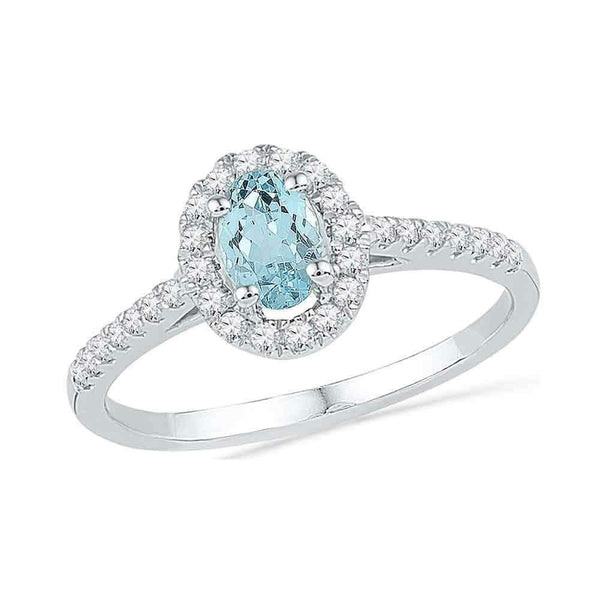 10kt White Gold Womens Oval Aquamarine Diamond-accent Solitaire Ring 1-5 Cttw - FREE Shipping (US/CAN)-Gold & Diamond Fashion Rings-JadeMoghul Inc.