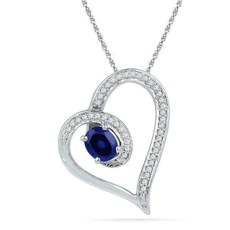 10kt White Gold Women's Oval Lab-Created Blue Sapphire Heart Outline Pendant 3-4 Cttw - FREE Shipping (US/CAN)-Pendants And Necklaces-JadeMoghul Inc.