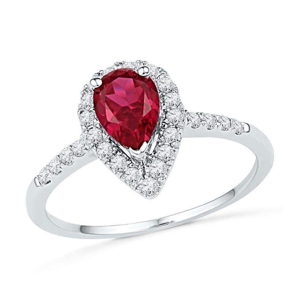 10kt White Gold Women's Pear Lab-Created Ruby Solitaire Diamond Frame Ring 1-1/5 Cttw - FREE Shipping (US/CAN)-Gold & Diamond Fashion Rings-5-JadeMoghul Inc.