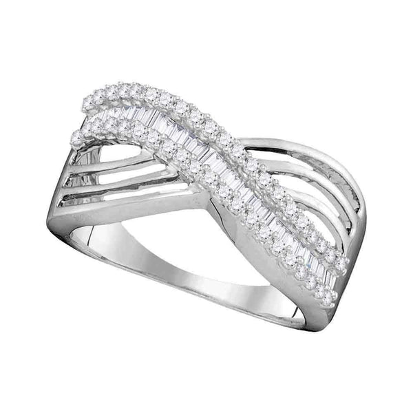 10kt White Gold Womens Round Baguette Diamond Strand Crossover Band Ring 1/2 Cttw-Gold & Diamond Bands-5.5-JadeMoghul Inc.