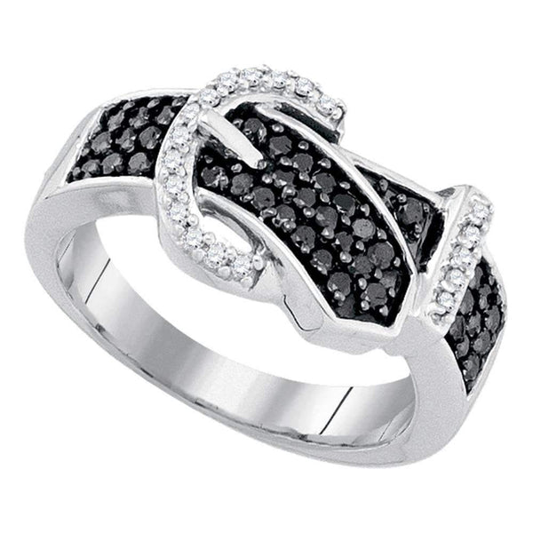 10kt White Gold Women's Round Black Color Enhanced Diamond Belt Buckle Band Ring 1/2 Cttw - FREE Shipping (US/CAN)-Gold & Diamond Fashion Rings-5-JadeMoghul Inc.