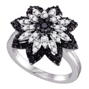 10kt White Gold Women's Round Black Color Enhanced Diamond Flower Cluster Ring 7/8 Cttw - FREE Shipping (US/CAN)-Gold & Diamond Fashion Rings-5-JadeMoghul Inc.