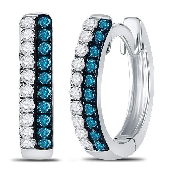 10kt White Gold Womens Round Blue Color Enhanced Diamond Huggie Earrings 1-5 Cttw-Gold & Diamond Earrings-JadeMoghul Inc.