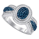 10kt White Gold Women's Round Blue Color Enhanced Diamond Oval Frame Cluster Ring 1/2-Gold & Diamond Cluster Rings-9-JadeMoghul Inc.