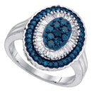 10kt White Gold Women's Round Blue Color Enhanced Diamond Oval Frame Cluster Ring 3/4 Cttw - FREE Shipping (US/CAN)-Gold & Diamond Cluster Rings-5-JadeMoghul Inc.
