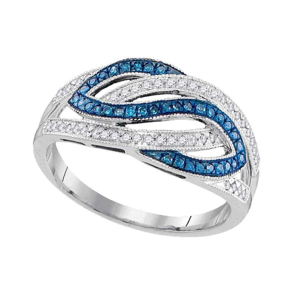 10kt White Gold Women's Round Blue Color Enhanced Diamond Woven Crossover Ring 1/4 Cttw - FREE Shipping (US/CAN)-Gold & Diamond Fashion Rings-6-JadeMoghul Inc.