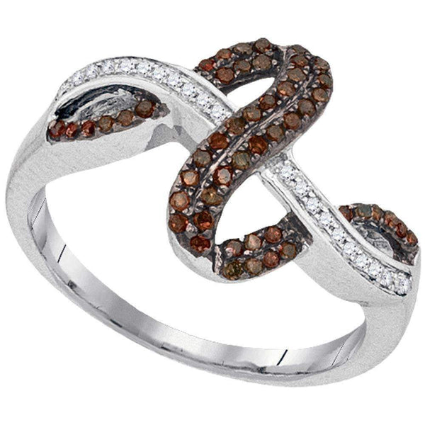 10kt White Gold Womens Round Brown Color Enhanced Diamond Crossover Fashion Ring 1-4 Cttw-Gold & Diamond Fashion Rings-JadeMoghul Inc.