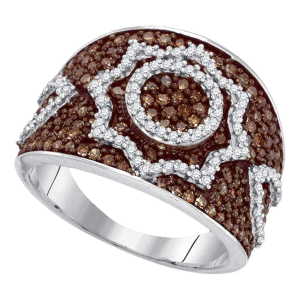 10kt White Gold Women's Round Brown Color Enhanced Diamond Starburst Fashion Ring 1.00 Cttw - FREE Shipping (US/CAN)-Gold & Diamond Fashion Rings-5.5-JadeMoghul Inc.