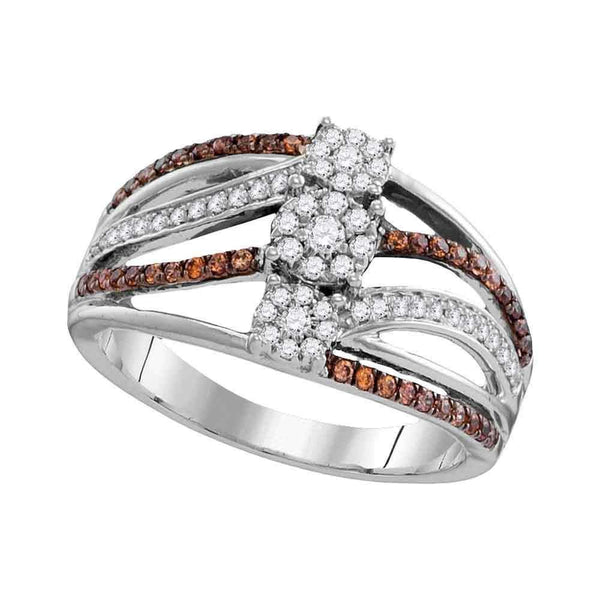 10kt White Gold Women's Round Brown Color Enhanced Diamond Triple Cluster Band Ring 1/2 Cttw - FREE Shipping (US/CAN)-Gold & Diamond Fashion Rings-5-JadeMoghul Inc.