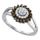 10kt White Gold Women's Round Cognac-brown Color Enhanced Diamond Flower Cluster Ring 1/4 Cttw - FREE Shipping (US/CAN)-Rings And Bands-5-JadeMoghul Inc.