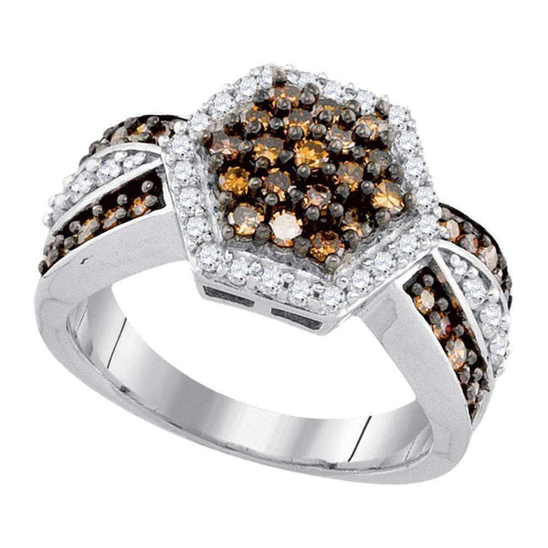 10kt White Gold Women's Round Cognac-brown Color Enhanced Diamond Hexagon Cluster Ring 1.00 Cttw - FREE Shipping (US/CAN)-Rings And Bands-JadeMoghul Inc.