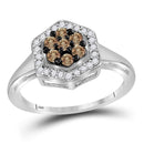 10kt White Gold Women's Round Cognac-brown Color Enhanced Diamond Polygon Cluster Ring 1/2 Cttw - FREE Shipping (USA/CAN)-Gold & Diamond Cluster Rings-5-JadeMoghul Inc.