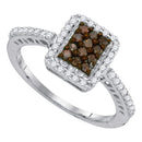 10kt White Gold Women's Round Cognac-brown Color Enhanced Diamond Rectangle Frame Cluster Ring 3/8 Cttw - FREE Shipping (US/CAN)-Gold & Diamond Cluster Rings-5-JadeMoghul Inc.