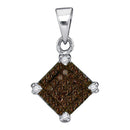 10kt White Gold Women's Round Cognac-brown Color Enhanced Diamond Square Pendant 1-6 Cttw - FREE Shipping (US/CAN)-Gold & Diamond Pendants & Necklaces-JadeMoghul Inc.