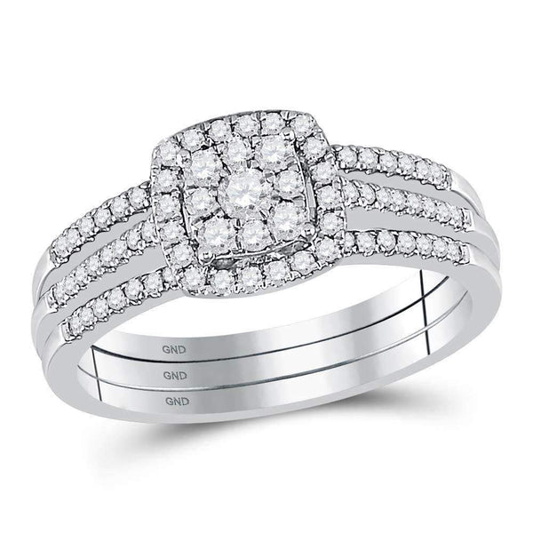 10kt White Gold Womens Round Diamond 3-Piece Cluster Bridal Wedding Engagement Ring Band Set 1-2 Cttw-Gold & Diamond Wedding Ring Sets-JadeMoghul Inc.