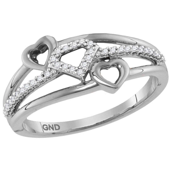 10kt White Gold Women's Round Diamond Double Heart Striped Band Ring 1/10 Cttw - FREE Shipping (US/CAN)-Gold & Diamond Heart Rings-5-JadeMoghul Inc.