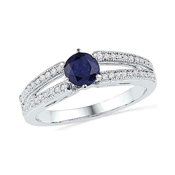 10kt White Gold Women's Round Lab-Created Blue Sapphire Solitaire Split-shank Ring 1-5 Cttw - FREE Shipping (US/CAN)-Gold & Diamond Fashion Rings-JadeMoghul Inc.