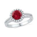 10kt White Gold Women's Round Lab-Created Ruby Solitaire Diamond Halo Ring 1-5/8 Cttw - FREE Shipping (US/CAN)-Rings And Bands-5-JadeMoghul Inc.