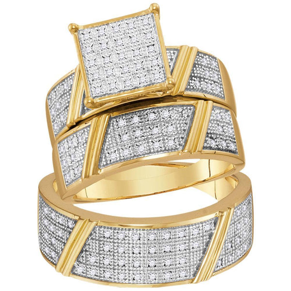 10kt Yellow Gold His & Hers Diamond Cluster Matching Bridal Wedding Ring Band Set 1/3 Cttw-Gold & Diamond Wedding Jewelry-JadeMoghul Inc.