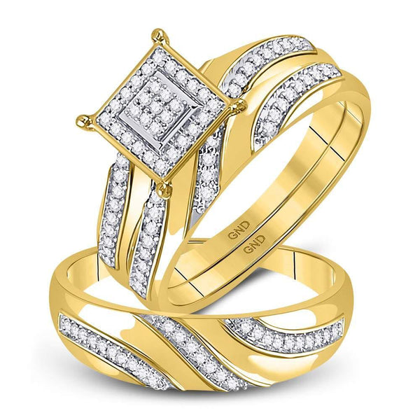10kt Yellow Gold His & Hers Diamond Cluster Matching Bridal Wedding Ring Band Set 1/4 Cttw-Gold & Diamond Wedding Jewelry-JadeMoghul Inc.