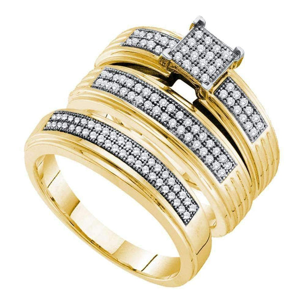 10kt Yellow Gold His & Hers Diamond Square Cluster Matching Bridal Wedding Ring Band Set 3/8 Cttw - FREE Shipping (US/CAN)-Gold & Diamond Trio Sets-5-JadeMoghul Inc.