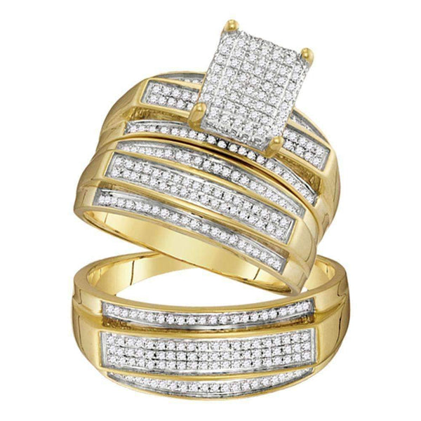 10kt Yellow Gold His & Hers Round Diamond Rectangle Cluster Matching Bridal Wedding Ring Band Set 5/8 Cttw - FREE Shipping (US/CAN)-Gold & Diamond Trio Sets-5-JadeMoghul Inc.