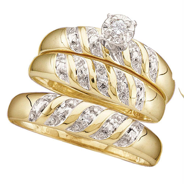 10kt Yellow Gold His & Hers Round Diamond Solitaire Matching Bridal Wedding Ring Band Set 1/12 Cttw-Gold & Diamond Trio Sets-5-JadeMoghul Inc.