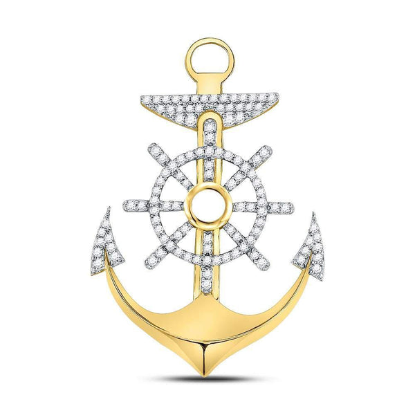 10kt Yellow Gold Mens Diamond Anchor Wheel Nautical Charm Pendant 1-1/4 Cttw-Gold & Diamond Men Charms & Pendants-JadeMoghul Inc.