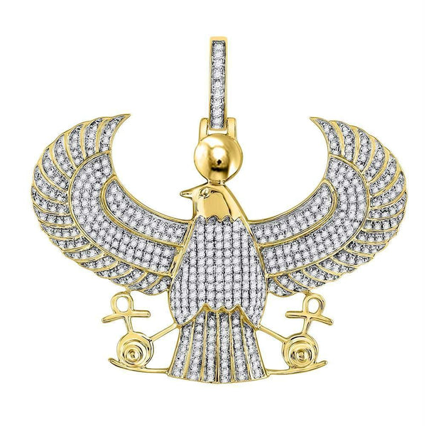 10kt Yellow Gold Men's Diamond Eagle Falcon Egyptian Horus Ankh Charm Pendant-Gold & Diamond Men Charms & Pendants-JadeMoghul Inc.
