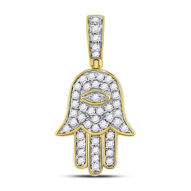 10kt Yellow Gold Mens Diamond Hamsa Hand of Fathima Charm Pendant 1/4 Cttw-Gold & Diamond Men Charms & Pendants-JadeMoghul Inc.