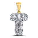 10kt Yellow Gold Mens Diamond Letter T Bubble Initial Charm Pendant 3/8 Cttw-Gold & Diamond Men Charms & Pendants-JadeMoghul Inc.
