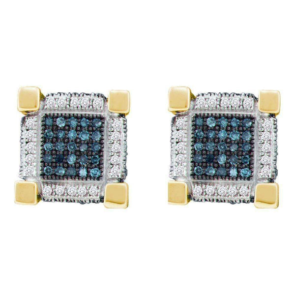 10kt Yellow Gold Men's Round Blue Color Enhanced Diamond 3D Cube Square Earrings 3-4 Cttw - FREE Shipping (USA/CAN)-Gold & Diamond Men Earrings-JadeMoghul Inc.