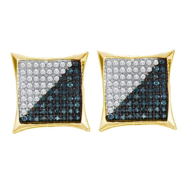 10kt Yellow Gold Mens Round Blue Color Enhanced Diamond Square Kite Cluster Earrings 1-3 Cttw - FREE Shipping (US/CAN)-Gold & Diamond Men Earrings-JadeMoghul Inc.
