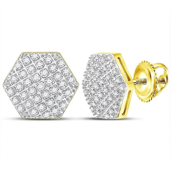 10kt Yellow Gold Mens Round Diamond Hexagon Cluster Stud Earrings 1-5 Cttw-Gold & Diamond Men Earrings-JadeMoghul Inc.