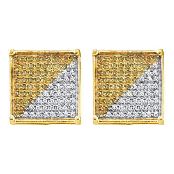 10kt Yellow Gold Men's Round Yellow Color Enhanced Diamond Square Cluster Earrings 1-3 Cttw - FREE Shipping (USA/CAN)-Gold & Diamond Men Earrings-JadeMoghul Inc.