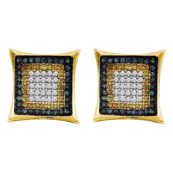 10kt Yellow Gold Mens Yellow Blue Color Enhanced Diamond Square Cluster Earrings 1-3 Cttw - FREE Shipping (USA/CAN)-Gold & Diamond Men Earrings-JadeMoghul Inc.