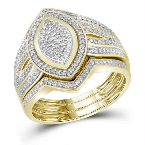 10kt Yellow Gold Womens Diamond Cluster 3-Piece Bridal Wedding Engagement Ring Band Set 1-3 Cttw-Gold & Diamond Wedding Ring Sets-JadeMoghul Inc.