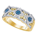 10kt Yellow Gold Women's Round Blue Color Enhanced Diamond Cluster Filigree Band 3/8 Cttw - FREE Shipping (US/CAN)-Gold & Diamond Bands-6-JadeMoghul Inc.