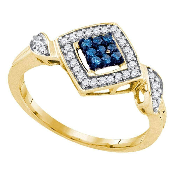 10kt Yellow Gold Womens Round Blue Color Enhanced Diamond Diagonal Square Cluster Ring 1/4 Cttw-Gold & Diamond Cluster Rings-6-JadeMoghul Inc.