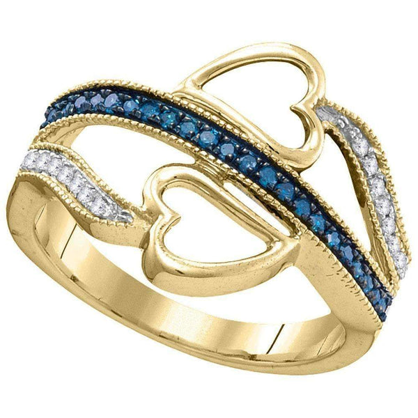 10kt Yellow Gold Women's Round Blue Color Enhanced Diamond Double Heart Love Ring 1/5 Cttw - FREE Shipping (US/CAN)-Gold & Diamond Heart Rings-5-JadeMoghul Inc.
