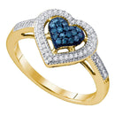 10kt Yellow Gold Women's Round Blue Color Enhanced Diamond Framed Heart Ring 1/4 Cttw - FREE Shipping (US/CAN)-Gold & Diamond Heart Rings-5-JadeMoghul Inc.